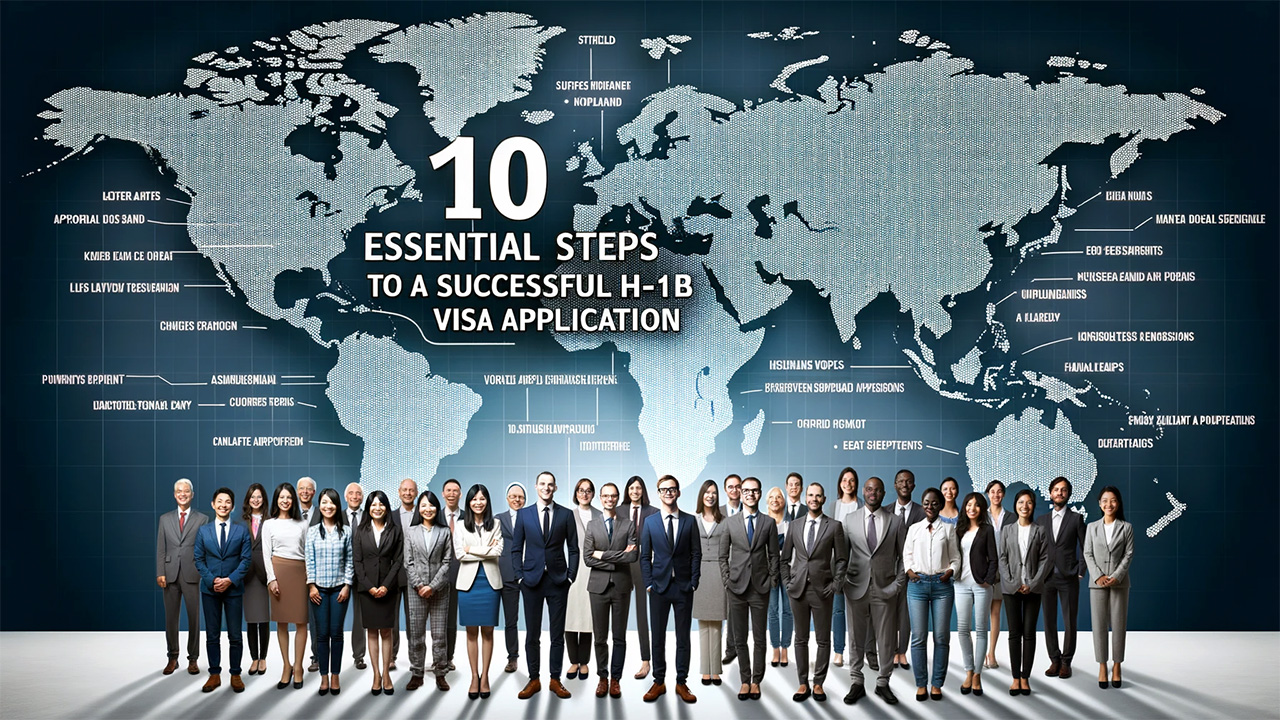 Graphic illustrating the 10 essential steps to a successful H-1B visa application for work visa in the United States.