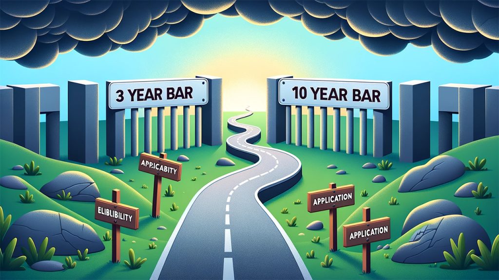 Illustration depicting a clear pathway navigating through two large barriers labeled '3-Year Bar' and '10-Year Bar', symbolizing the journey of overcoming U.S. immigration challenges through the I-601A Provisional Unlawful Presence Waiver.