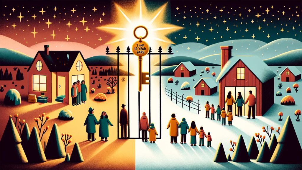 Illustration depicting a family separated by the 3 and 10 Year Bars, with the I-601A Waiver represented as a key to reunite them and alleviate 'Extreme Hardship'.