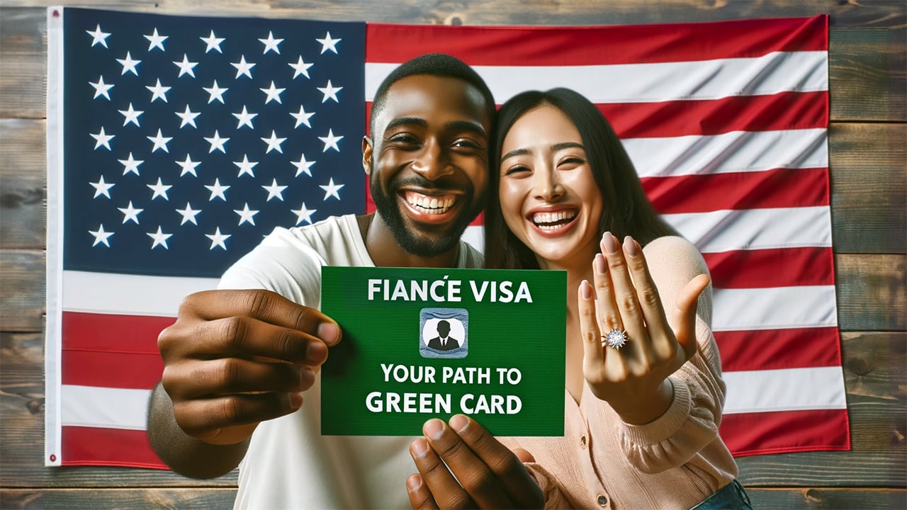 Cover image showcasing a diverse couple holding hands with U.S. Fiancé Visa and Green Card documents, symbolizing the journey towards marital unity in the U.S.
