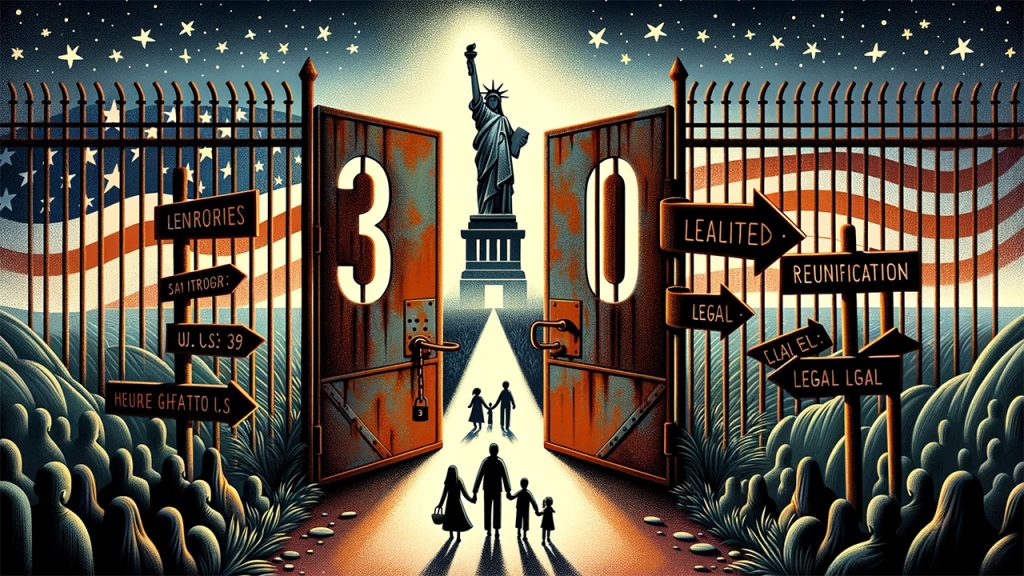 Key unlocking a gate engraved with numbers 3 and 10, symbolizing overcoming the 3 and 10 Year Bars through the I-601A Provisional Unlawful Presence Waiver, leading to a path towards a welcoming American home.
