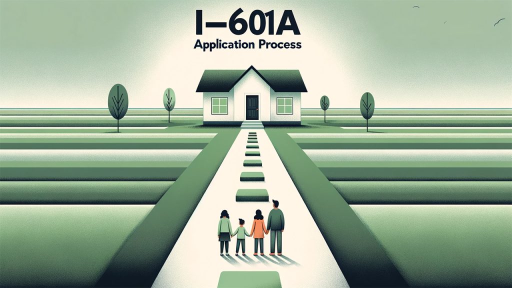 Illustration depicting the step-by-step journey of the I-601A Waiver application process, with a pathway leading from an application folder to a bright, welcoming gateway symbolizing successful navigation towards legal residency.