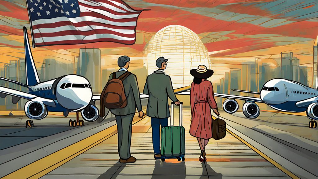 Travelers on their way back to the United States, holding Returning Resident Visas, showcasing the secure re-entry to maintain their Green Card status.